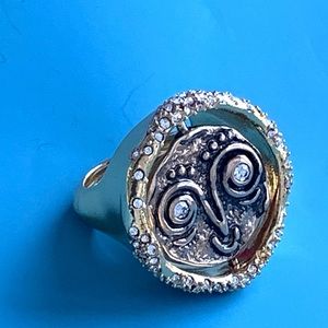 Alexis Bittar Gold Ancient Drama Coin Two Faces Flip Happy Sad Crystal Ring ~7.5